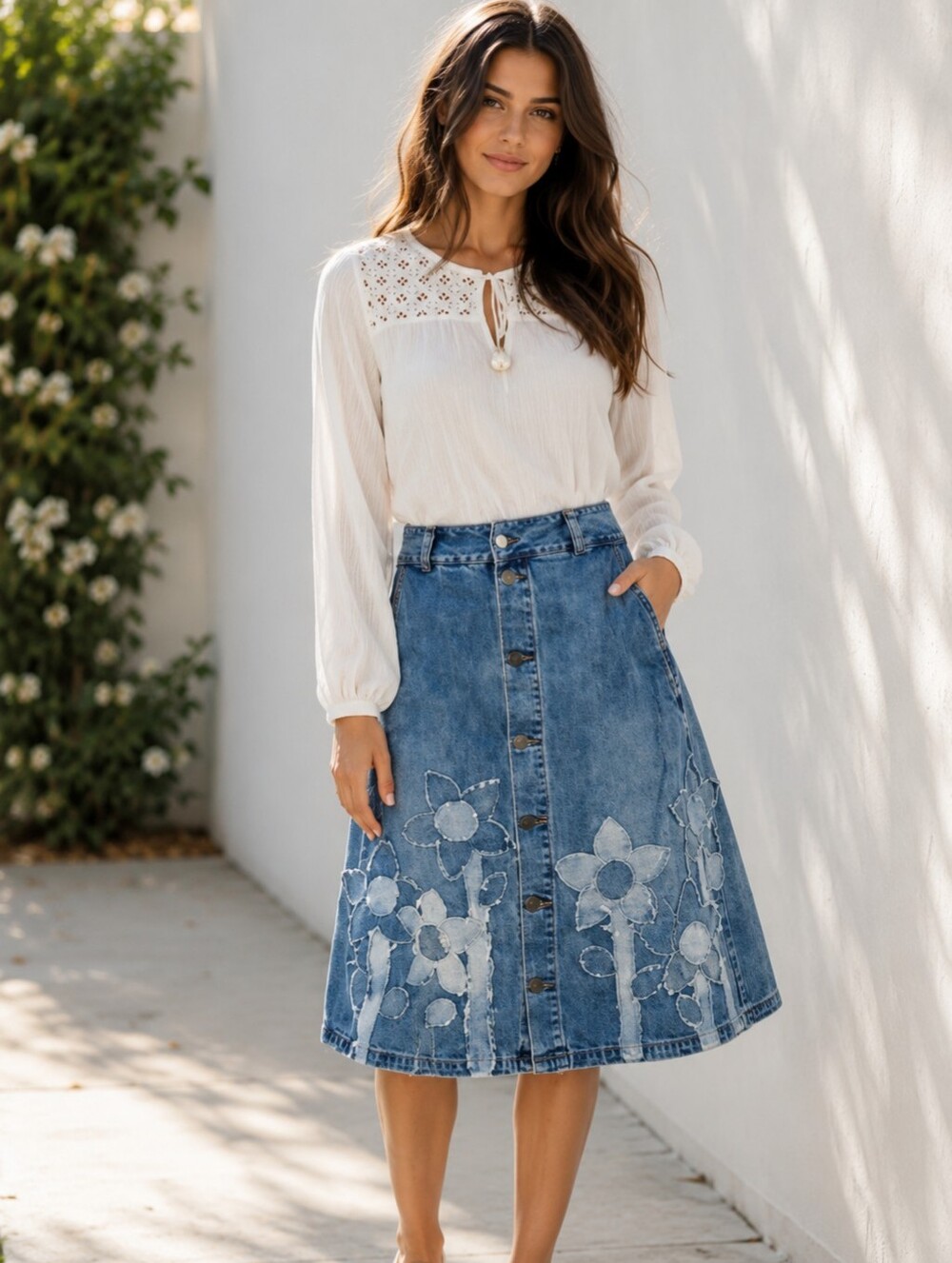 Refashioned Denim Jean Skirt Shabby Chic Denim Flowers Button Front OOAK Boho